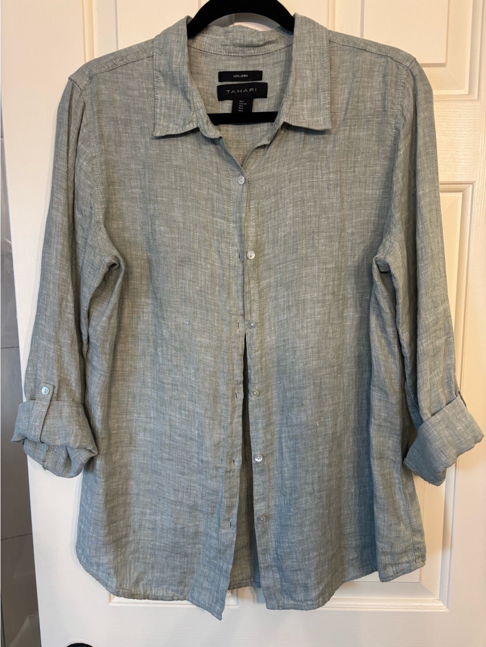 Tahari Women's Sage green Linen Button-Up Shirt